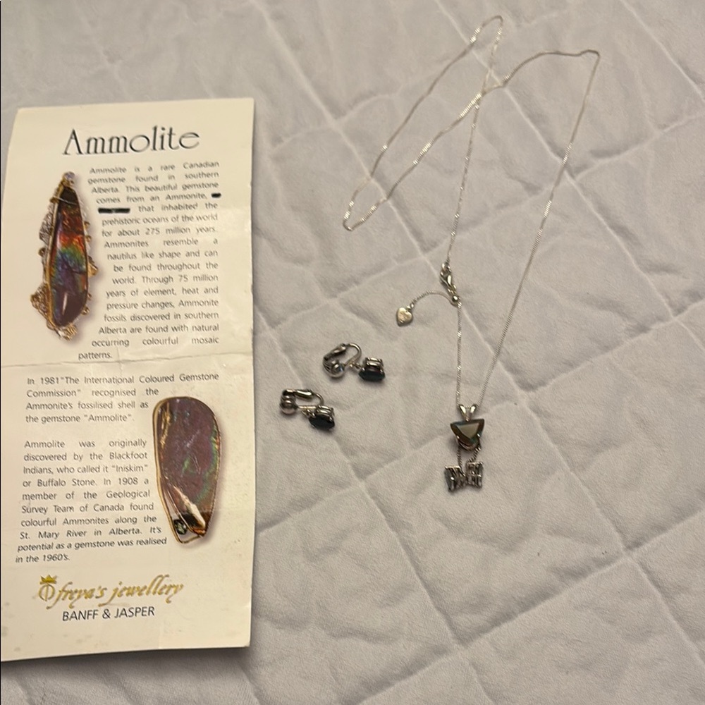 Ammolite Silver Necklace and clip earring set  24" sterling silver chain